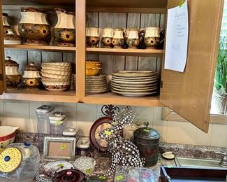 Dishes and Canister sets, beaded squirrel, kitchen storage and decor.  TWO kitchens full