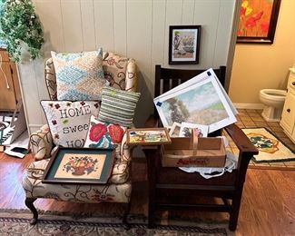 Crewelwork chair, Arts & Crafts arm chair.  Lots of accent pillows and prints!