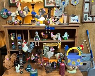 Roosters !!!!!  All sizes and shapes.  Great computer desk with lots of storage.