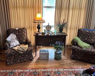 Pair of chairs and antique table with inlaid wood on doors, more lamps, tole painted jug, throws, table runners!