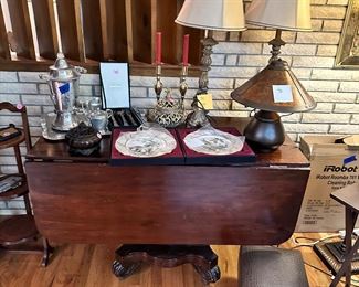 Empire Dining Room table.  Super Rare! More lamps, collector plates, vintage aluminum coffee service.  