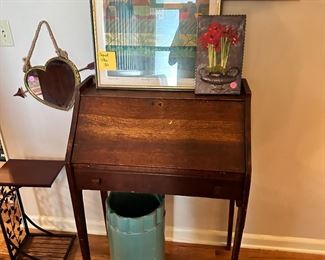 Desk, Ralph McDonald Prints, original art.  Super rare old pottery ashtray.  Great for umbrellas!  