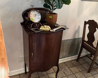 Antique sheet music storage cabinet with mirror, clocks, plants and more!