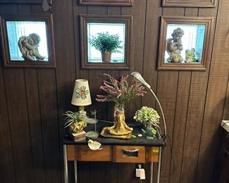 Vintage beautician manicure stable with light, lots of greenery, lamps, etc.