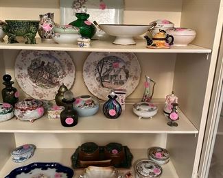 Cabinet full of handpainted china pieces, hair receivers, perfume bottles and mini boxes