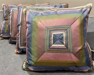 SOLD: Custom upholstered. Silk blend. Geometric Color Pillows. Set of 4.