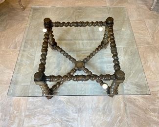 $650. Spanish Revival Turned Wood & Glass Coffee Table. A true fusion piece; take it mod or antique. Either way. 36 x 36 x 16. Teeny tiny chip in glass on one on end. Image avail upon request. 
