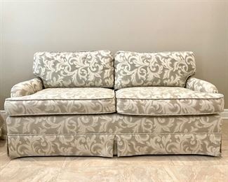 ONE LEFT! $1200/each. Designer Down-Filled Sofa by T. Rohan. Custom upholstered in excellent condition. And comfortable, too! Agreeable grey/greige/ivory colors. 72 x 37 x 32.