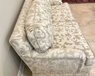 Alternate view of Custom Sofa. ONE LEFT! $1200/each. Designer Down-Filled Sofa by T. Rohan. Custom upholstered in excellent condition. And comfortable, too! Agreeable grey/greige/ivory colors. 72 x 37 x 32.