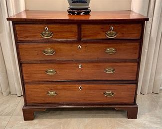 SOLD:  Antique Chest of Drawers with Brass Pulls and Ivory Keyholes. 38.5 x 20 x 34. Gorgeous veneer. Some condition issues due to drying wood; lovely display piece nontheless. 