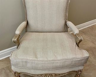 $600/each.  French Louis XV Style Custom Upholstered Chair by designer T. Rohan. Distressed painted wood. Agreeable grey and ivory. Two available. 28 x 28 x 39. 