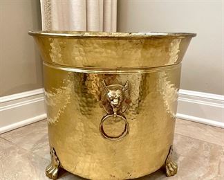 SOLD: 16 x 18. Vintage Brass Footed Planter with Lion Head Details. There are two of these avail; one without faux bamboo, one with. Priced individually. 
