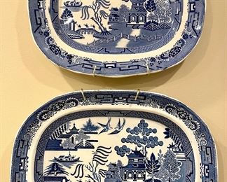 SOLD. Antique Blue Willow Platters. Wall hangers included. 