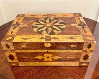 $100. Marquetry Box (as is). 11.5 x 8 x 4.75. Some damage to veneer. 