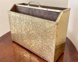 $150. Hammered Brass and Wooden Magazine & Vinyl Rack.