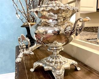 SOLD-Alternate view of Silverplate Samovar.
