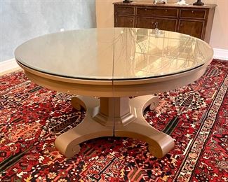 $400. Antique Painted Pedestal Table. Modern latte color with a heavy beveled glass top. On casters.  (no leaf) 54" diameter. 29" height.