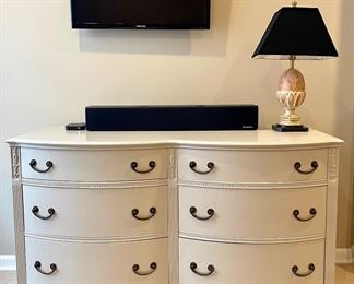 SOLD:. Vintage, Painted, Double Bow-Front Dresser. 56 x 21 x 34. Stone color. Great buy! 