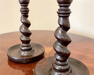 $100/pair.  Antique Old English Oak Barley Twist Candlesticks. circa 1900.