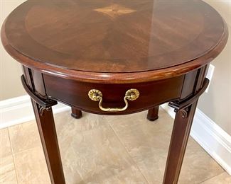 $350. Oval Side Table with Single Drawer and Inlay. 24 x 28.5 x 24.5.