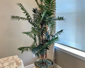 SOLD: Footed Brass Planter with Faux Bamboo Plant.
