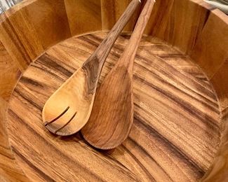SOLD. Wood serving bowl with utensils.