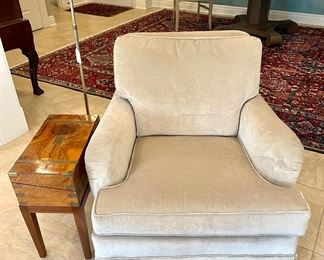 $550. Custom Upholstered T. Rohan Chair. 35” x 36” x 30”. **EXCELLENT Condition!! Soft fabric, neutral color, comfortable. 
