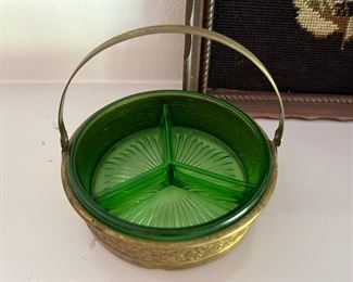 Brass and Green Depression Glass Serving Dish
