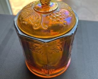Amber Carnival Glass Iridescent Harvest Grape Pattern Candy Dish