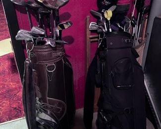 Golf Sets 2 Modern Bags, 1 Vintage Irons And Drivers