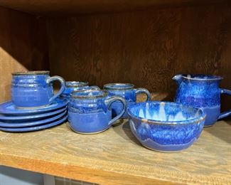 Blue Glazed Ceramic Pottery Dinnerware Set - Service for 4