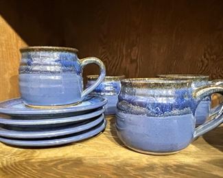 Blue Glazed Ceramic Pottery Dinnerware Set - Service for 4