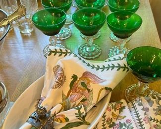 Fostoria Colonial Dame Crystal Emerald Glass - 17 Sorbet Glasses, 8 Wine Glasses