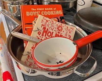Two Red Enamel Sauce Pans