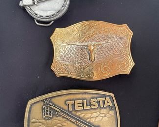 Brass Longhorn Belt Buckle, Brass Telsta Belt Buckle, Pewter Banjo Belt Buckle