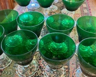 Fostoria Colonial Dame Crystal Emerald Glass - 17 Sorbet Glasses, 8 Wine Glasses