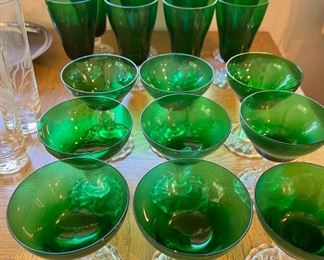 Fostoria Colonial Dame Crystal Emerald Glass - 17 Sorbet Glasses, 8 Wine Glasses