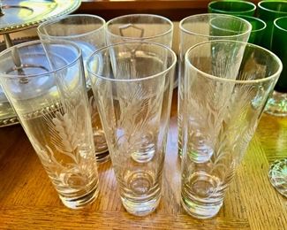 Set of 6 Etched Glass Wheat Design Drinking Glasses