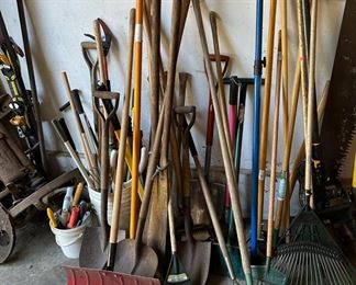 Assortment of Rakes and Shovels