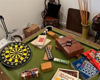 Assortment of Vintage Board Games - Rolomatic Bridge, Sequence, Mexican Train Domino Game, Poker Chips