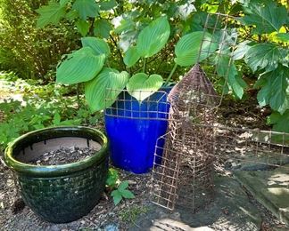 Large Green Ceramic Pot with Weave Design, Large Blue Ceramic Pot with Sum and Substance Hosta Plant