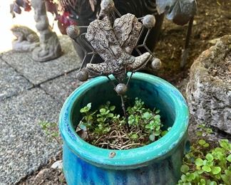 Turquoise and Blue Glazed Ceramic Pot, Assortment of Outdoor Decor