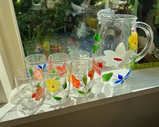 Hand Painted Clear Pitcher with 6 Hand Painted Glasses with Floral Design
