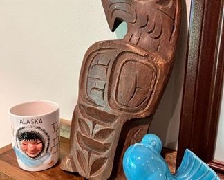 Northwest Carved Eagle Plaque, Mid Century Blue Bird Figurine