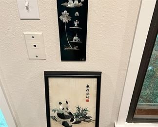 Black Lacquered Mother of Pearl Asian Wall Panel/Plaque, Asian Silk Painting of Panda
