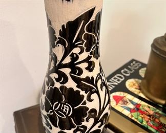 Ceramic Black and White Pottery Vase with Floral Design - Made in Argentina Circa 1956