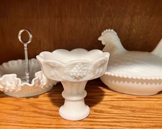 Hobnail Milk Glass Serving Tray, Grape Design Milk Glass Candy Dish with Pedestal, Hen on Nest Milk Glass Dish