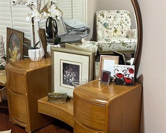 Antique drop front vanity and needlepoint stool