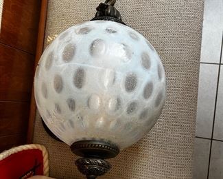 Fenton coin dot milk glass hanging pendant.