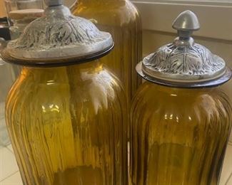 Pewter Top Amber Glass Canisters 